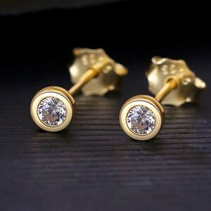 Dainty Gold Bezel Zircon Stud Earrings. 925 Sterling Silver. #1010